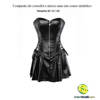 Conjunto de corselet e micro saia em couro sintético