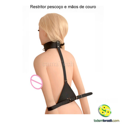 Restritor pescoço e mãos de couro com cadeado - Image 3