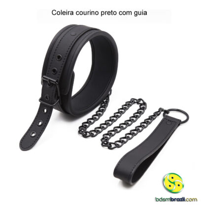 Coleira courino preto com guia