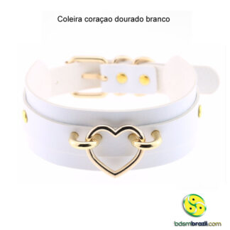 Coleira coraçao dourado branco