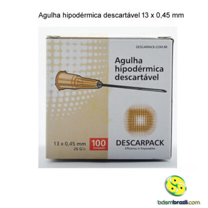 Agulha hipodérmica descartável 13 x 0,45 mm - 100 unidades