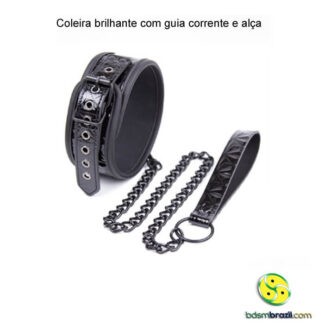 Coleira brilhante com guia corrente e alça - Preto