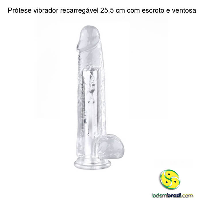 Prótese vibrador recarregável 25,5 cm com escroto e ventosa
