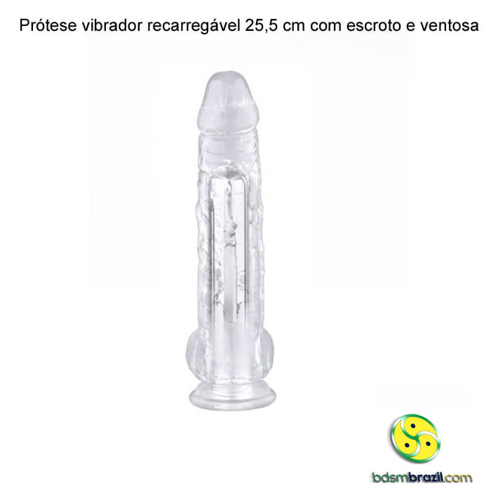 Prótese vibrador recarregável 25,5 cm com escroto e ventosa